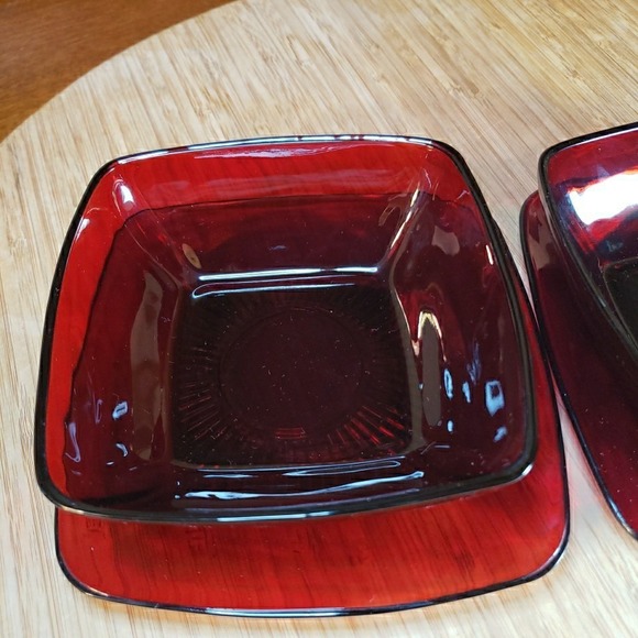 Lot Of 2 Anchor Hocking Dessert Bowl 4.75" & Saucer 5.25" Charm Ruby Red Square - Picture 5 of 7